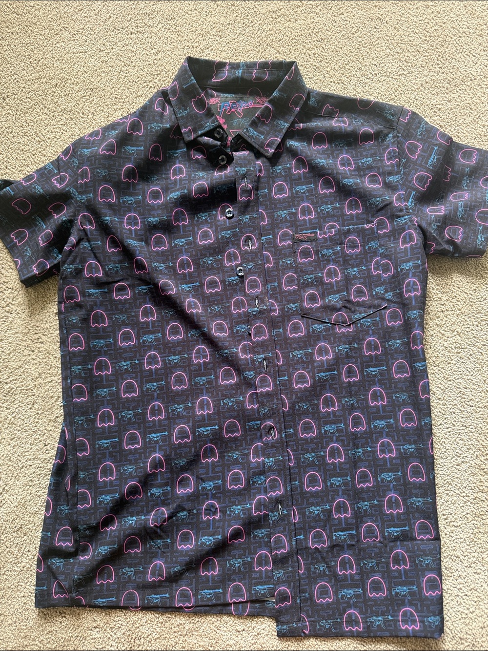 Retro Rifle 
 Short-Sleeve Button-Up Shirt with Purple Neon Pattern-